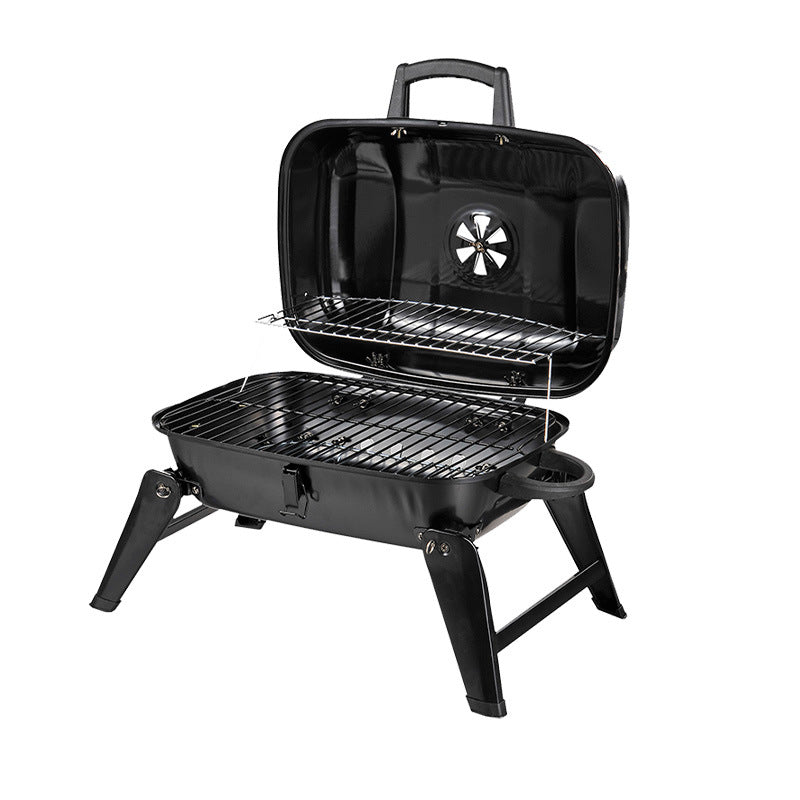 Black portable foldable charcoal grill with open lid, cooking grate and wire tray
