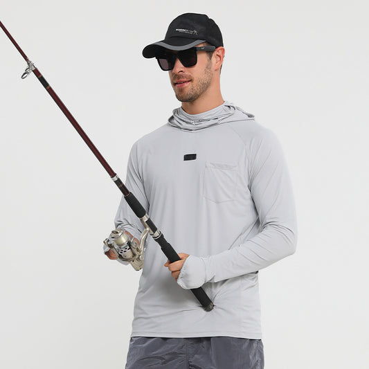 Quick-dry fishing sun hoodie in light gray with hood, front pocket, and long sleeves