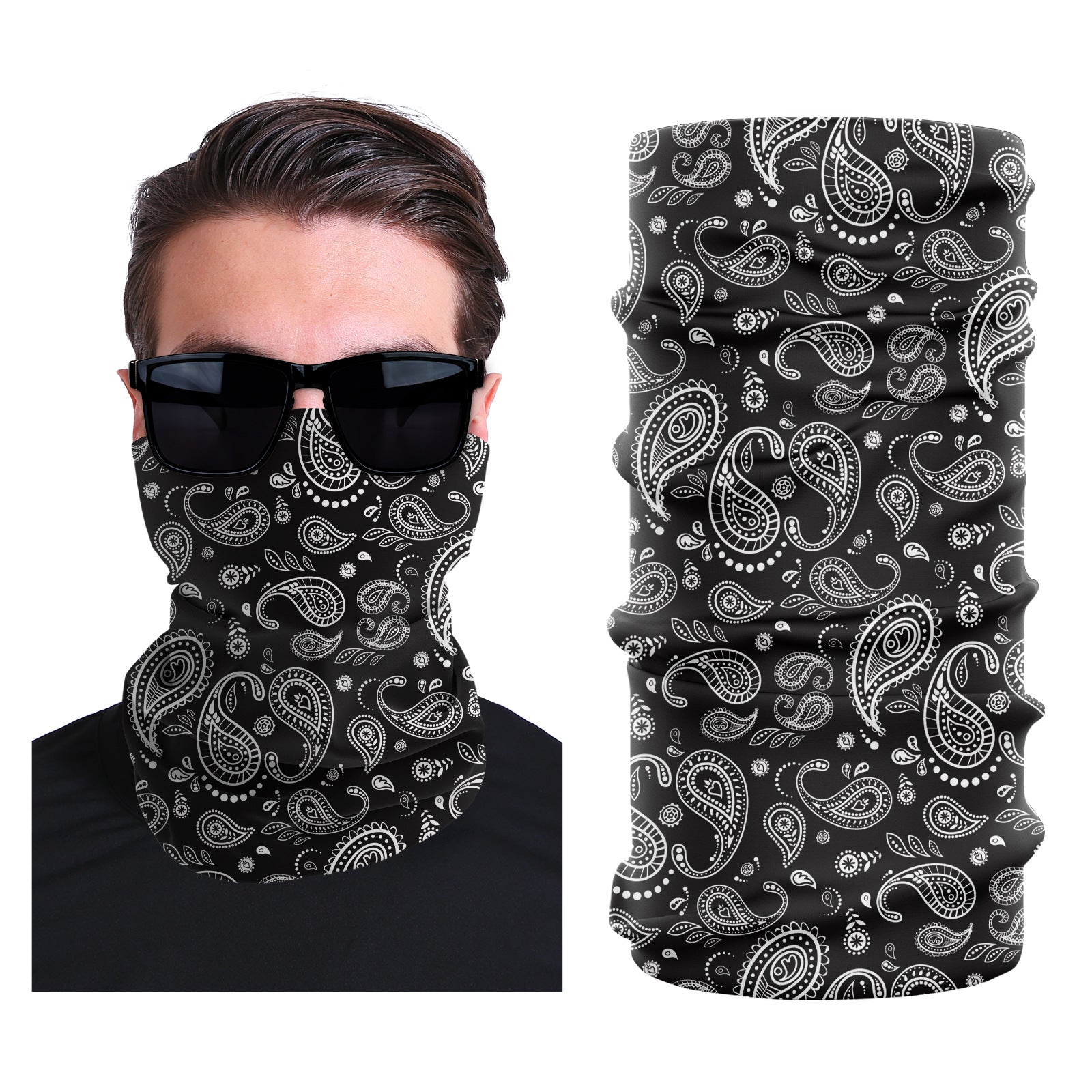 Stretch outdoor face mask in black with white paisley pattern