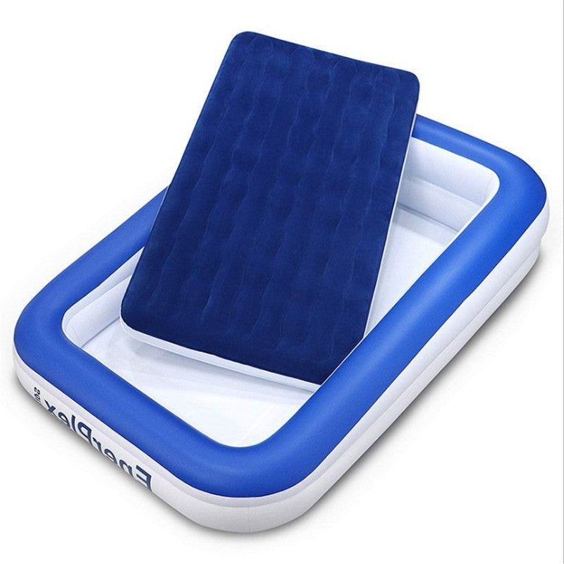 Blue and white kids inflatable travel mattress with padded raised side walls