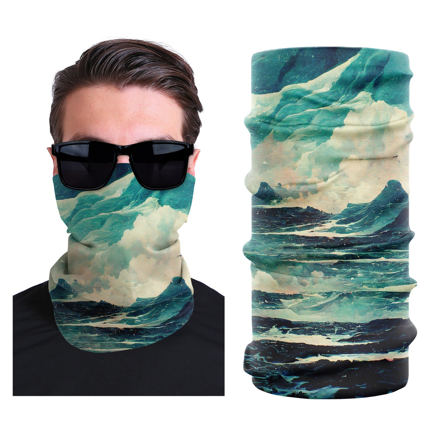 Seamless stretch outdoor face mask with teal ocean wave landscape print