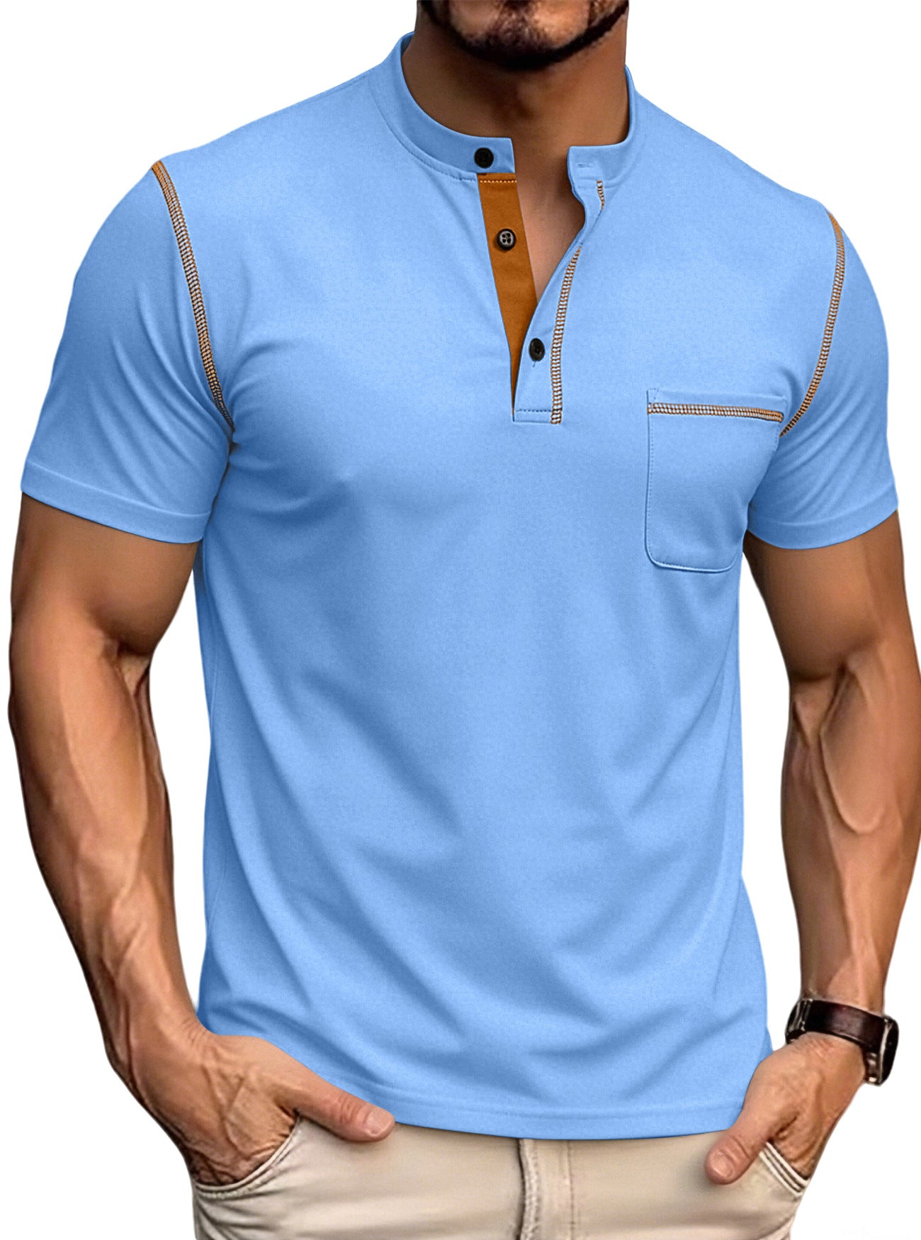 Men's stand collar henley polo shirt in light blue, button placket, chest pocket, contrast trim