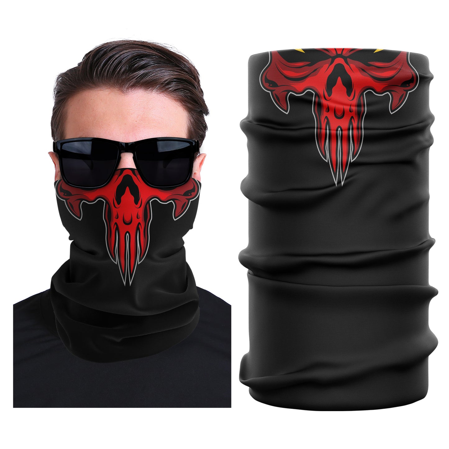 Black seamless stretch face mask with red skull print and tubular design