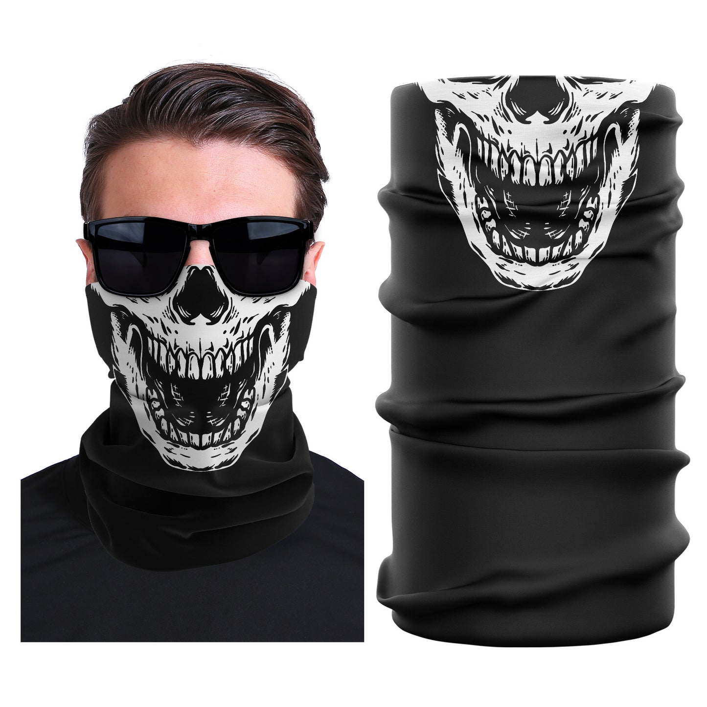 Black seamless stretch face mask with white skull print and tubular design