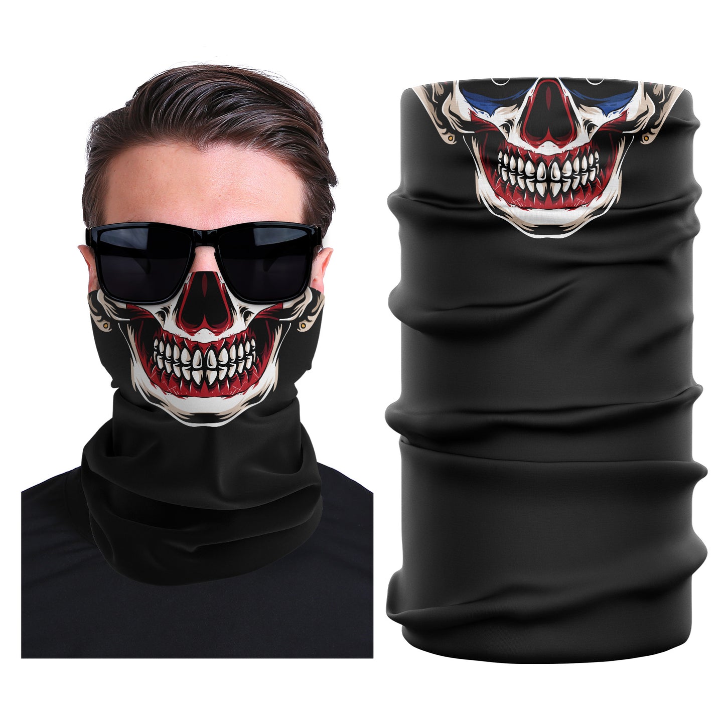 Black seamless stretch face mask with red and white skull and blue accents
