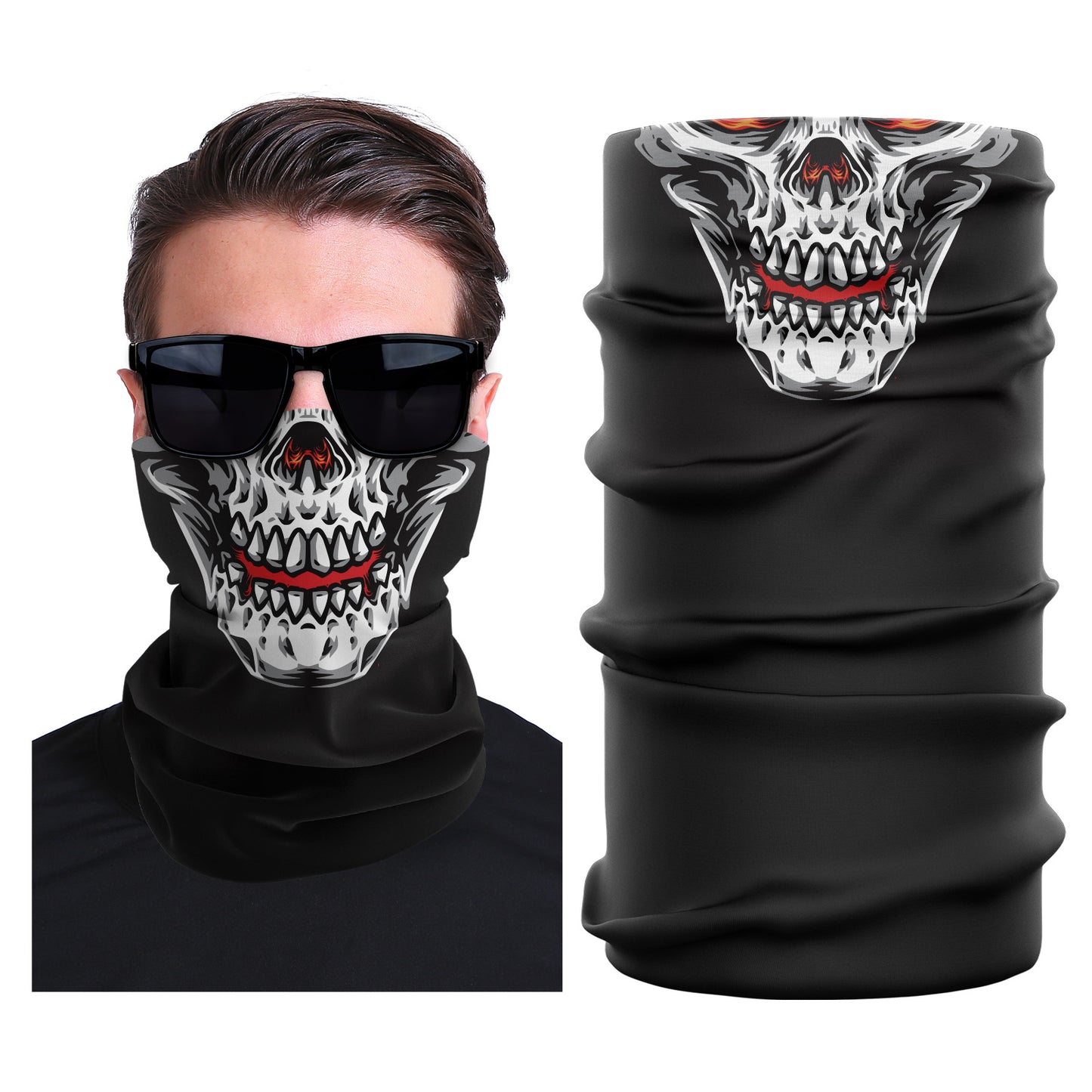 Black seamless stretch face mask with white skull print and red accents