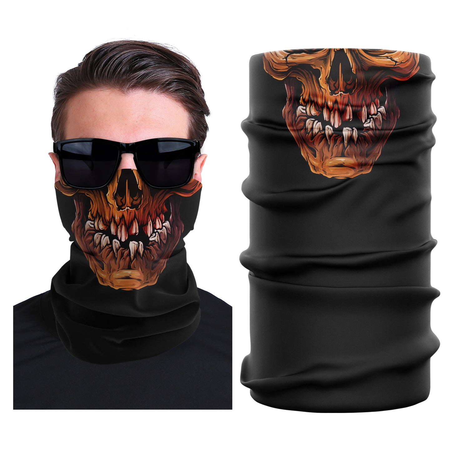 Black seamless stretch face mask with orange skull print and tubular design