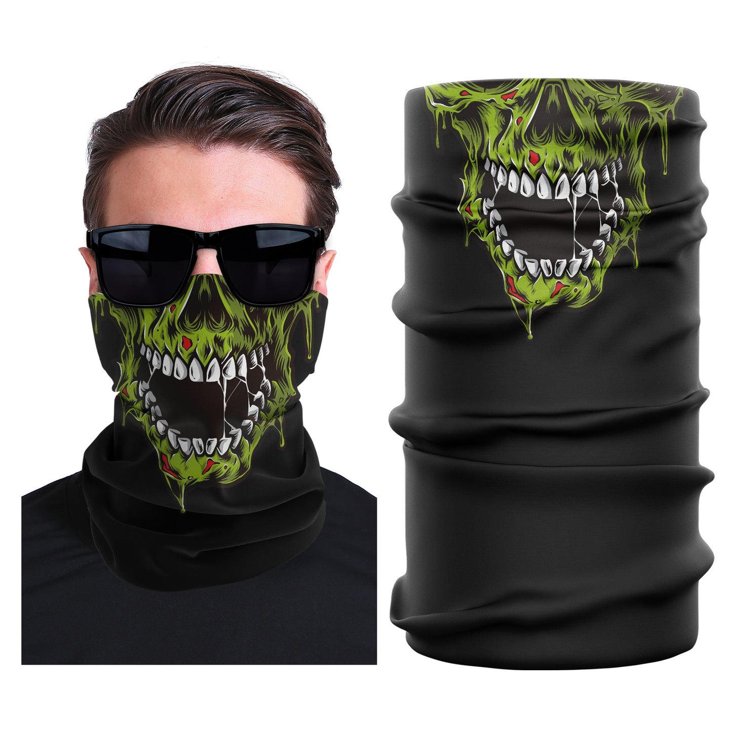 Black seamless stretch face mask with green skull print and tubular design