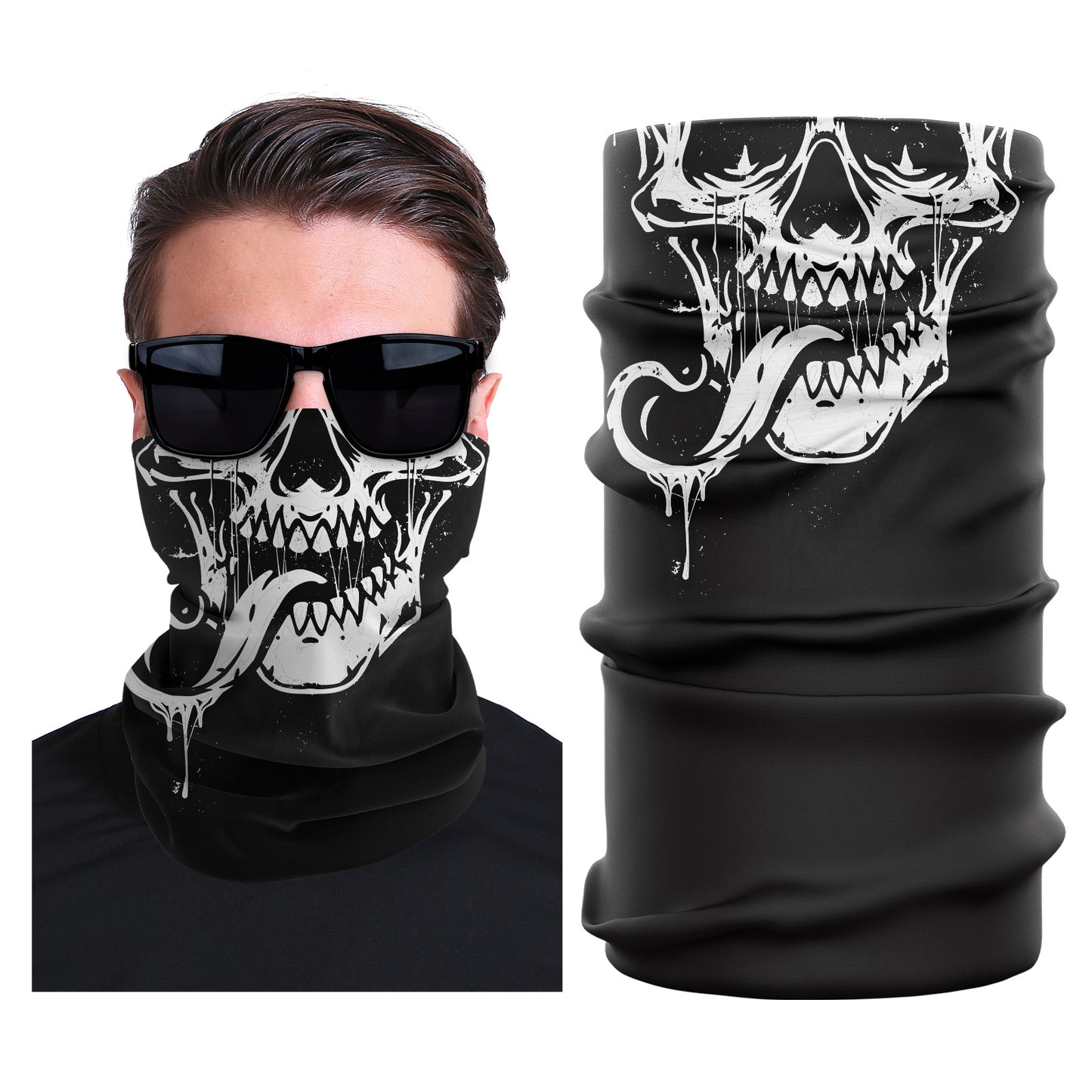 Black seamless stretch face mask with white skull print and dripping details