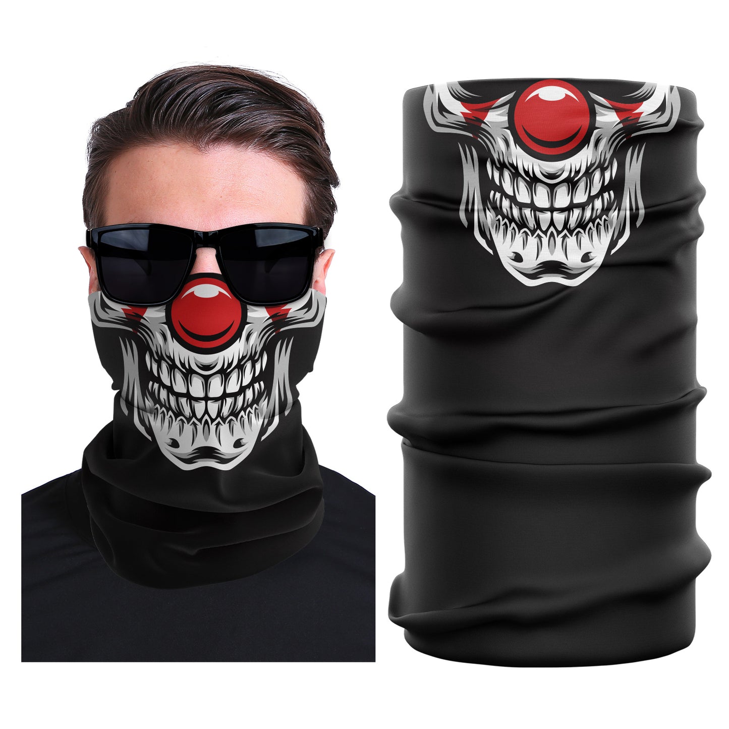 Black seamless stretch face mask with white skull print and red circular eye