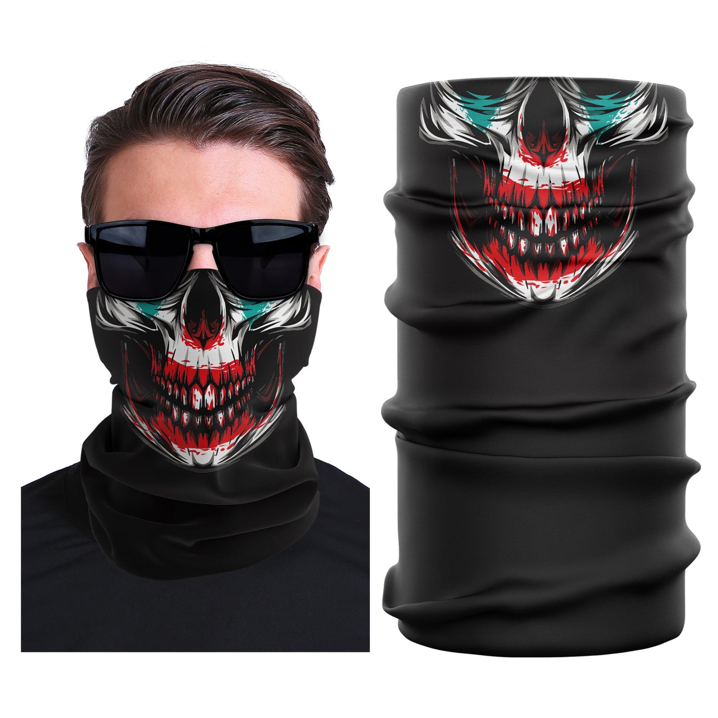 Black seamless stretch face mask with red skull print and green accents