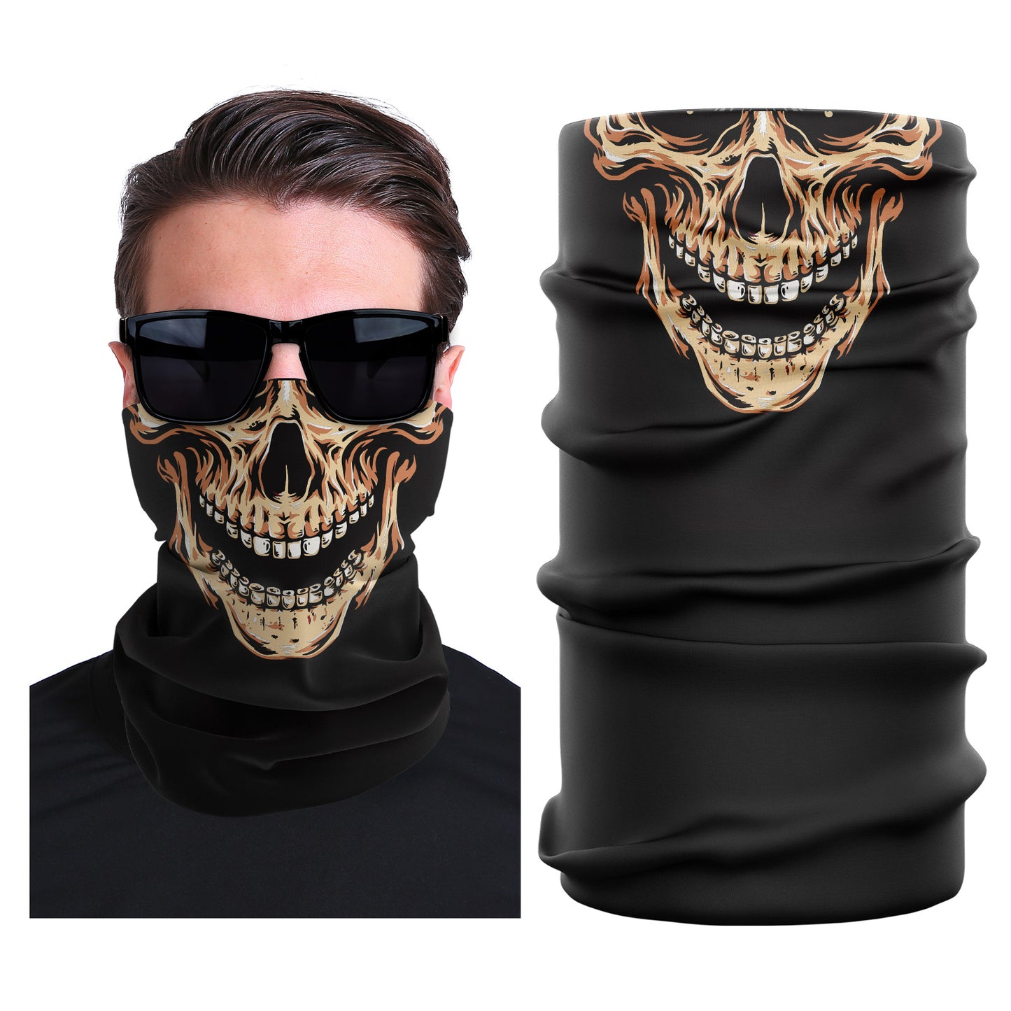 Seamless stretch outdoor face mask with black base and skull graphic front