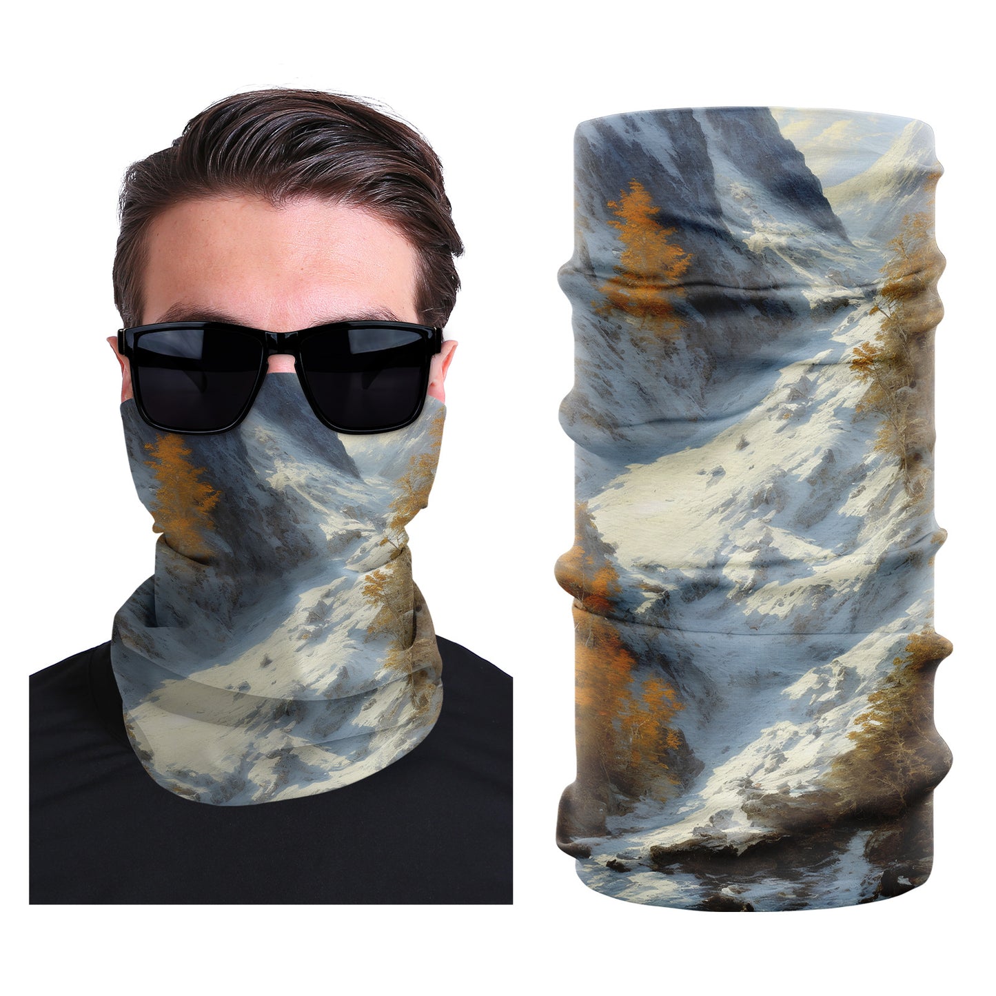 Seamless stretch outdoor face mask with blue and cream mountain cloud print