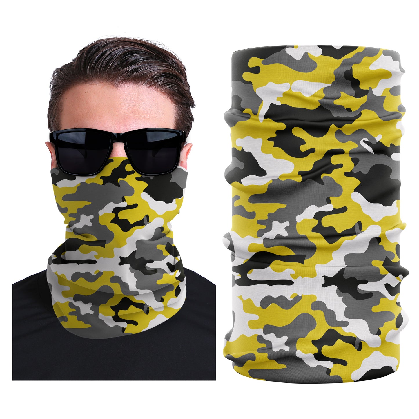 Seamless stretch outdoor face mask with yellow, gray, and black camouflage