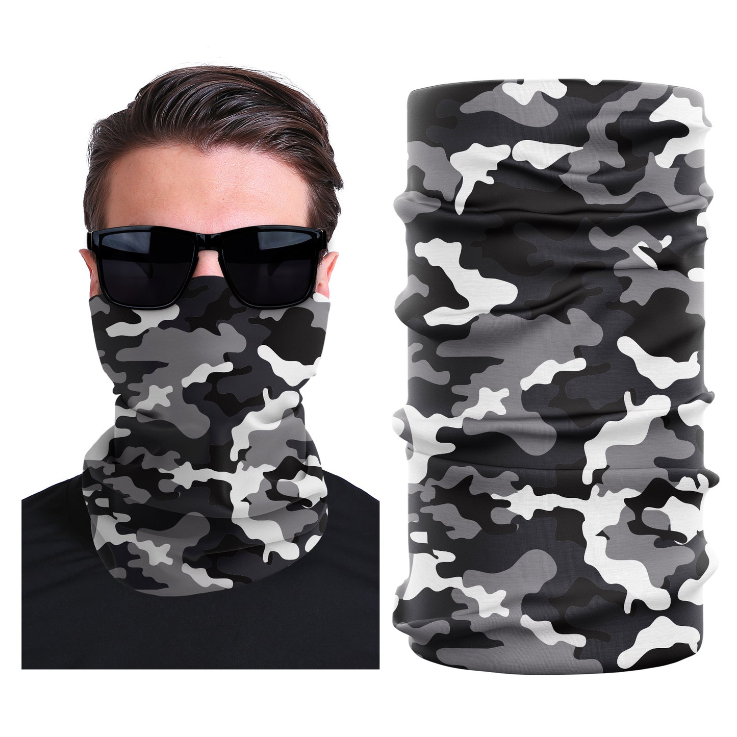 Seamless stretch outdoor face mask with black, gray camouflage print