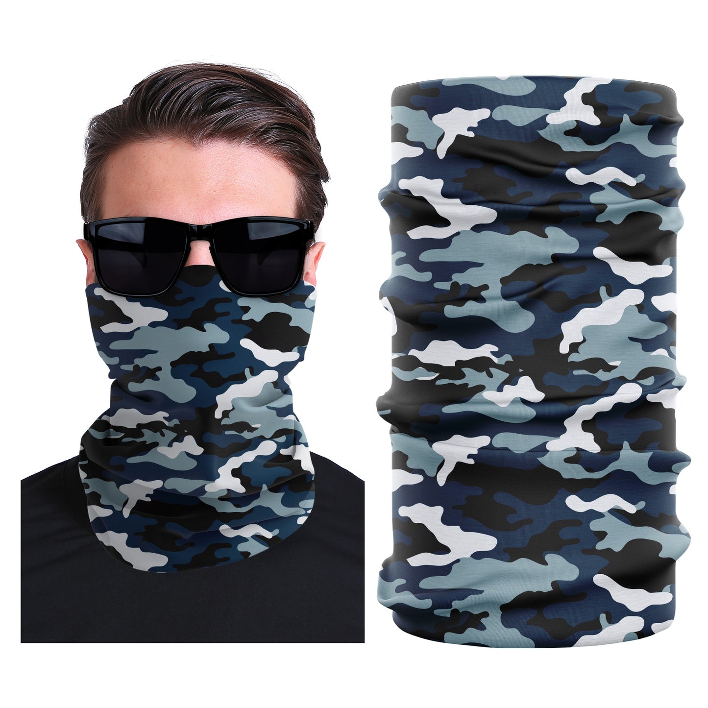 Seamless stretch outdoor face mask with blue camouflage print