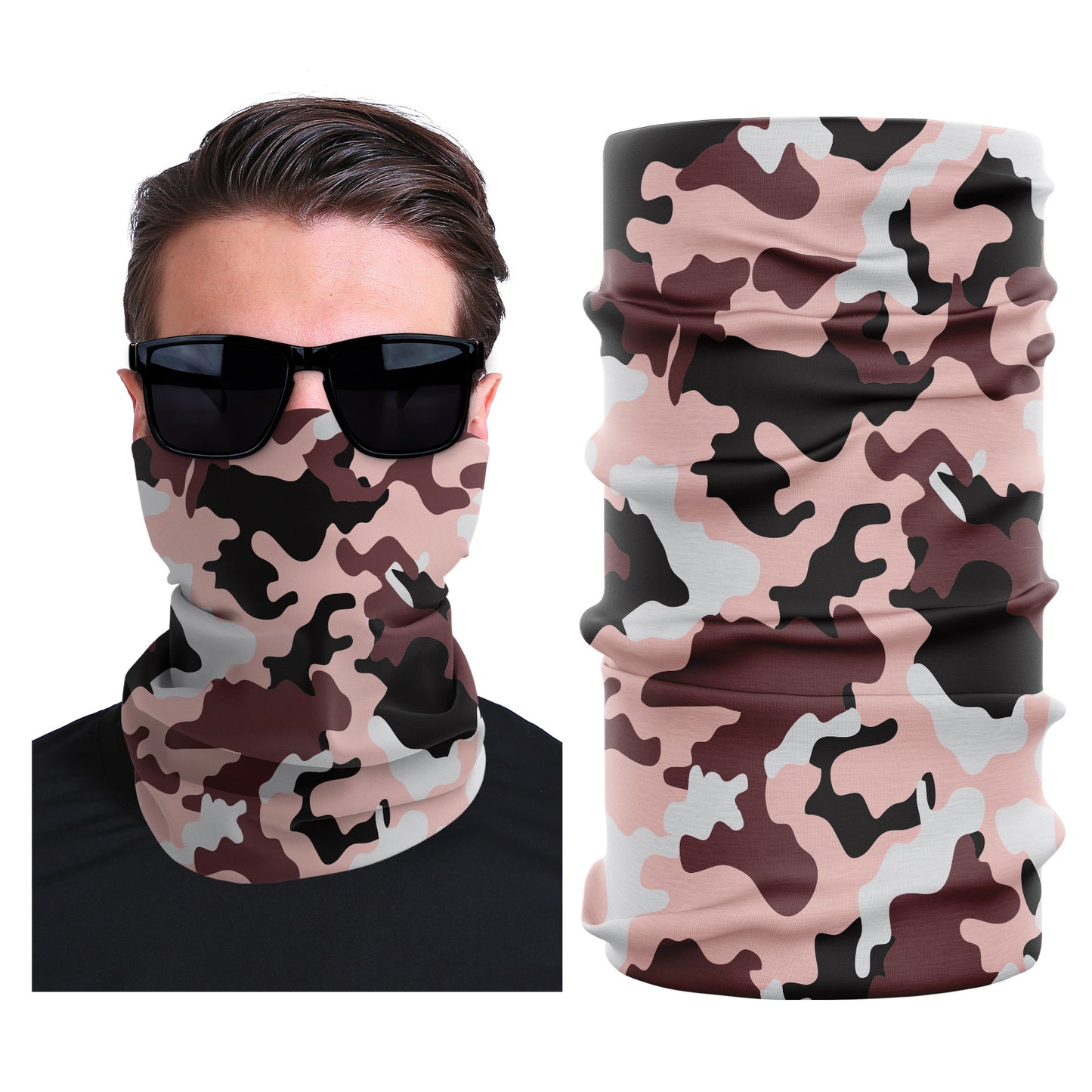 Seamless stretch outdoor face mask with pink and black camouflage print