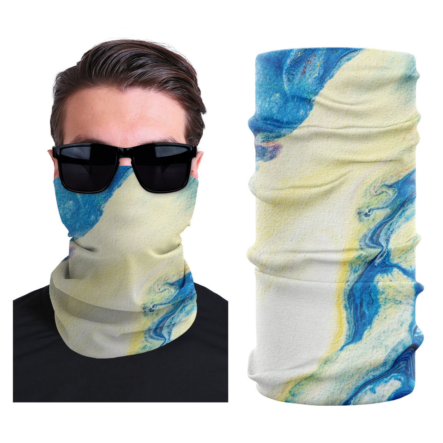 Seamless stretch outdoor face mask in cream with blue swirl abstract print
