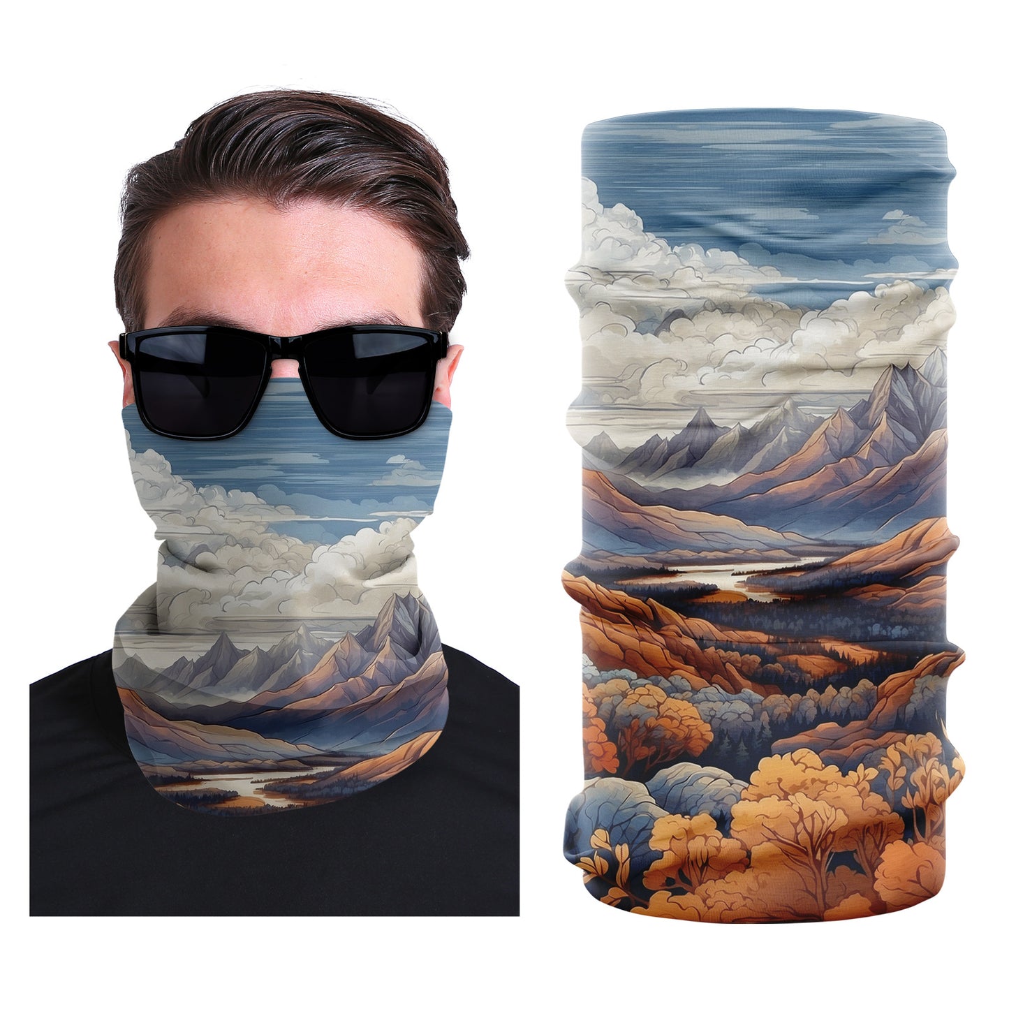 Seamless stretch outdoor face mask with scenic mountain valley landscape print