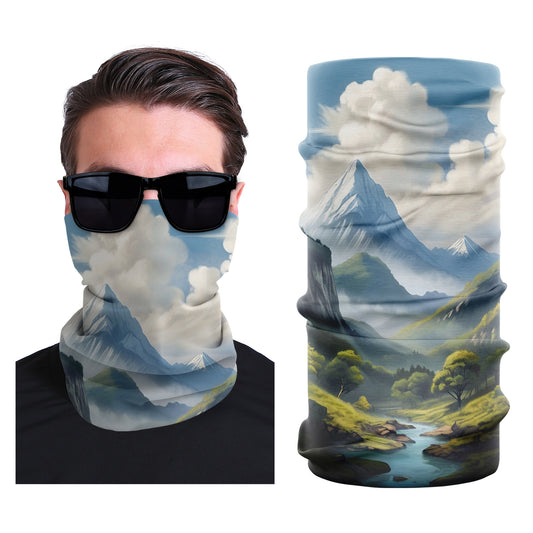 Seamless stretch outdoor face mask with snowy mountain and sky landscape print