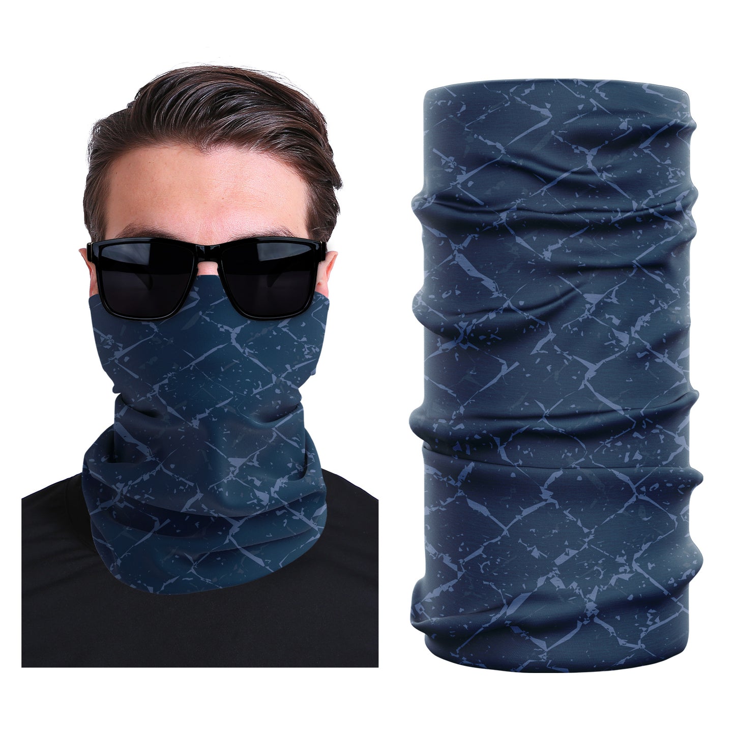 Seamless stretch outdoor face mask in dark navy with light marbled speckle print
