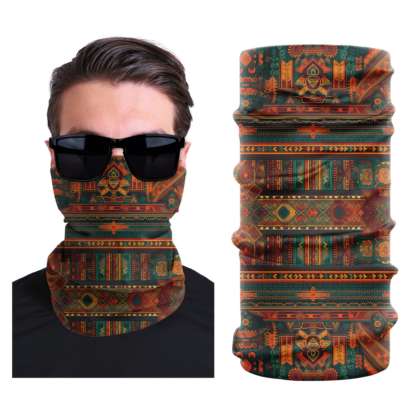 Seamless stretch outdoor face mask with red and green tribal woven stripe print