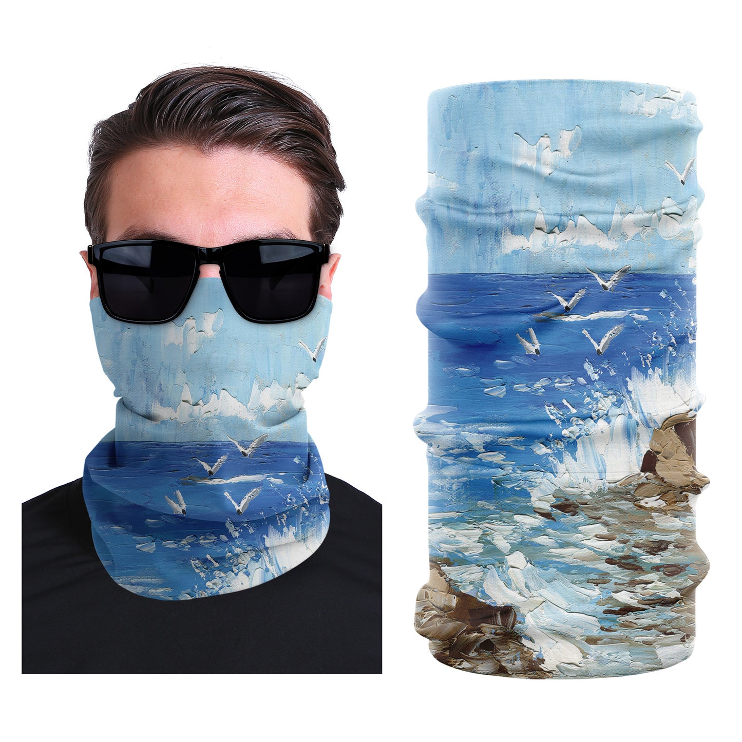 Seamless stretch outdoor face mask in light blue with birds over snowy landscape print