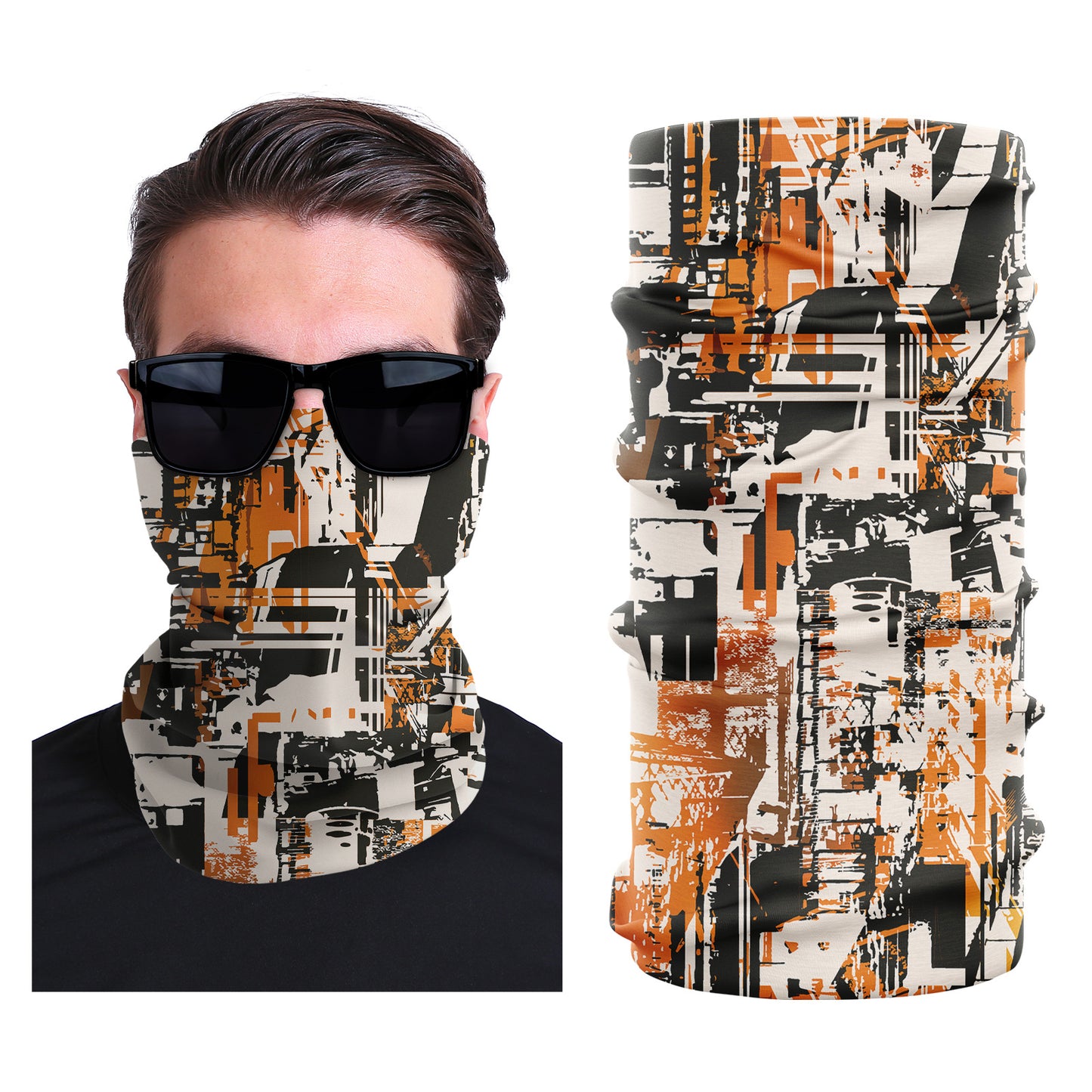 Seamless stretch face mask with black, orange, and white abstract pattern