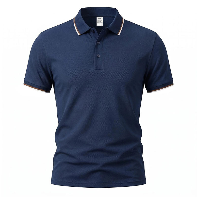 Navy short-sleeve polo shirt with button placket and ribbed collar, solid knit.