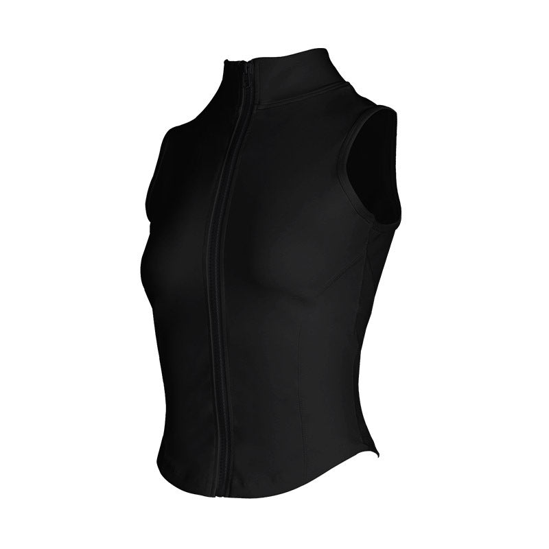 Black sleeveless zip running tank top with front zipper and side panels