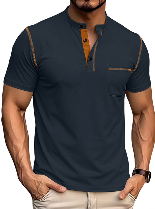Men's stand collar henley polo shirt in dark navy, button placket, chest pocket, trim