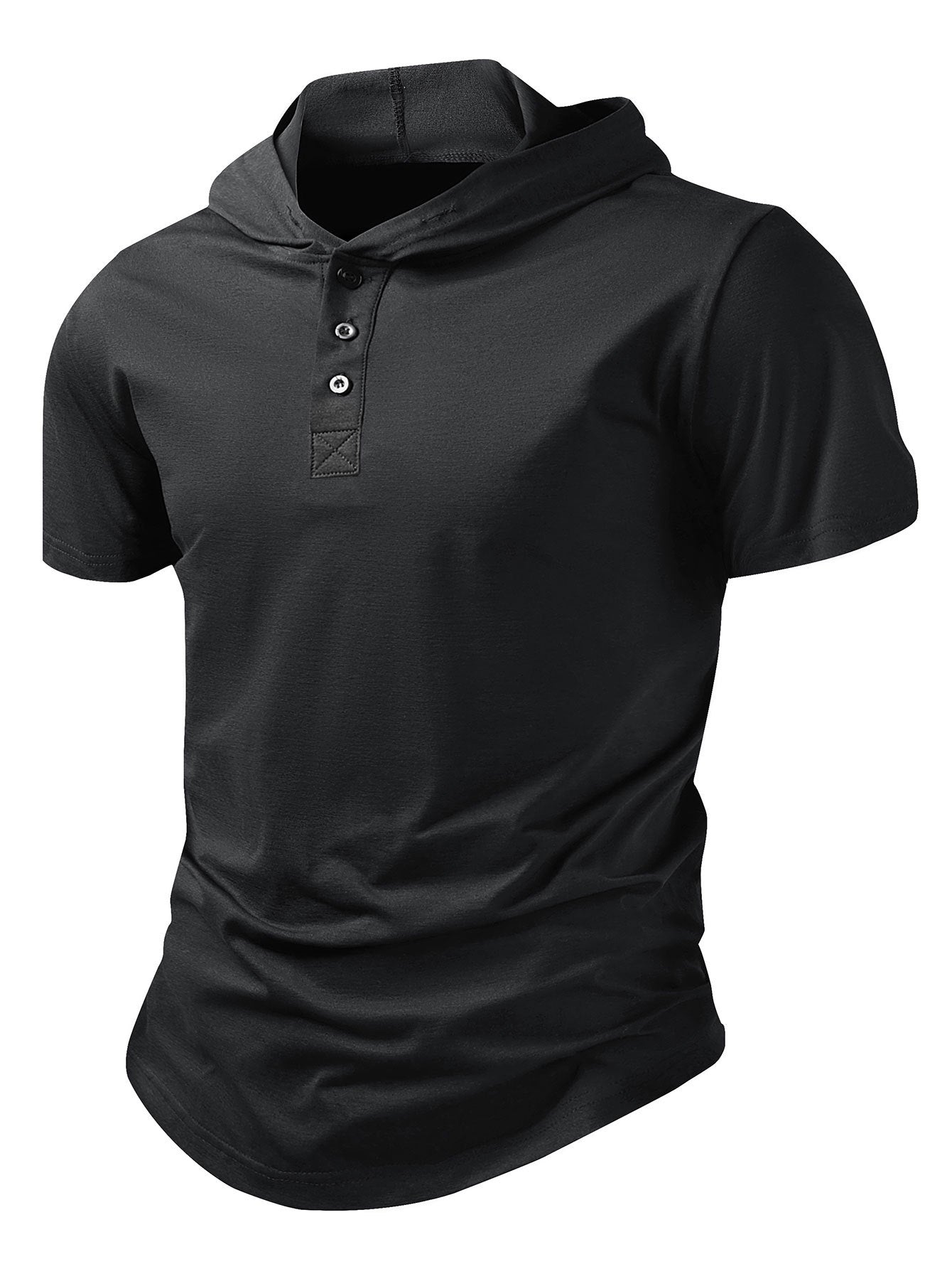 Black hooded henley T-shirt with short sleeves and button placket