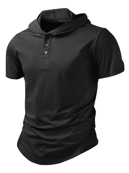 Black hooded henley T-shirt with short sleeves and button placket
