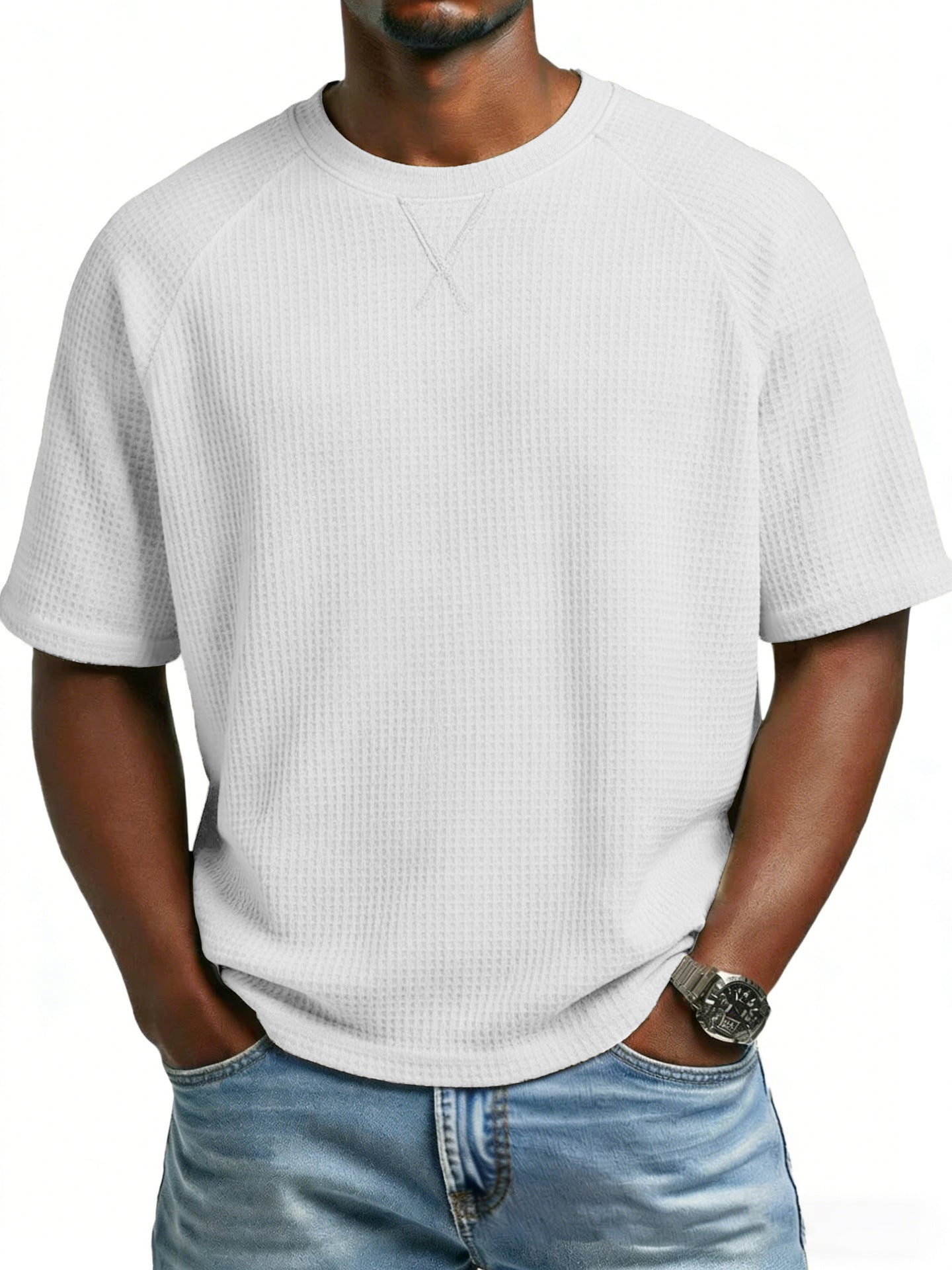 Men's waffle knit tee in white, short sleeves and crew neck