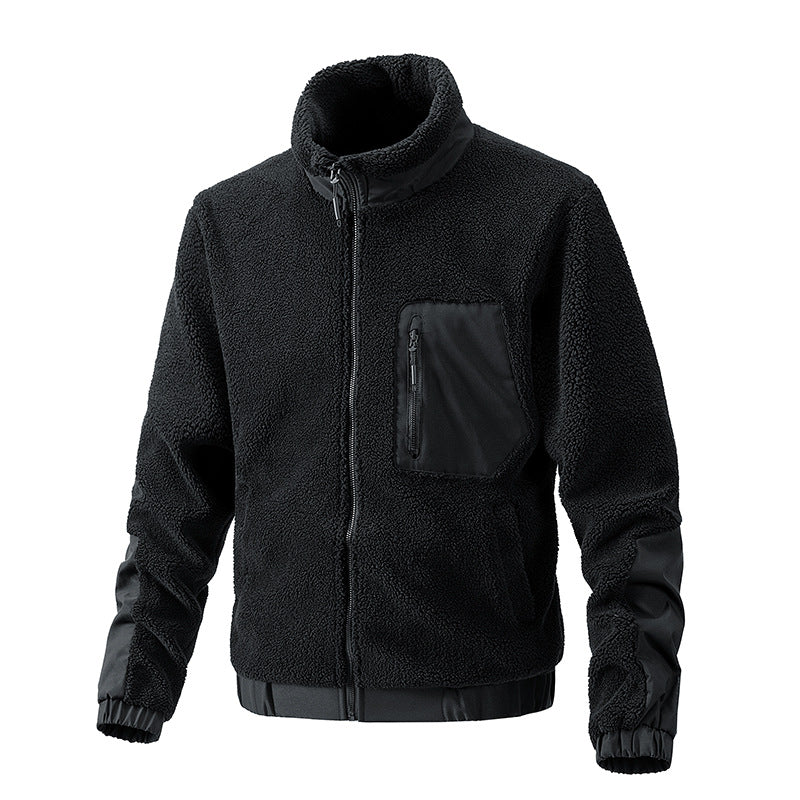 Black sherpa fleece zip jacket with contrast pocket and elastic cuffs