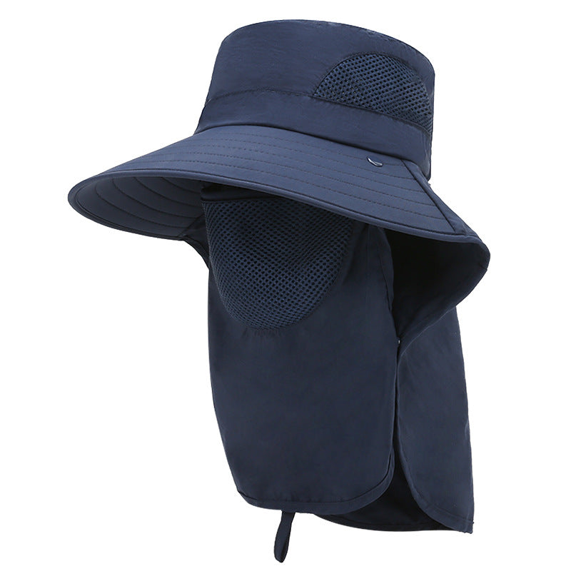 Navy wide-brim sun hat with mesh face cover and chin flap