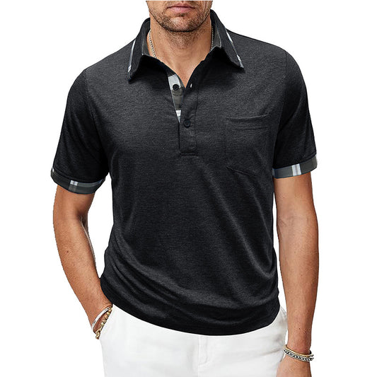 Black men’s plaid-trim pocket short-sleeve polo with button placket