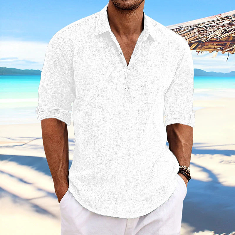 Men's linen-blend henley shirt in white, 3-button placket, folded 3/4 sleeves
