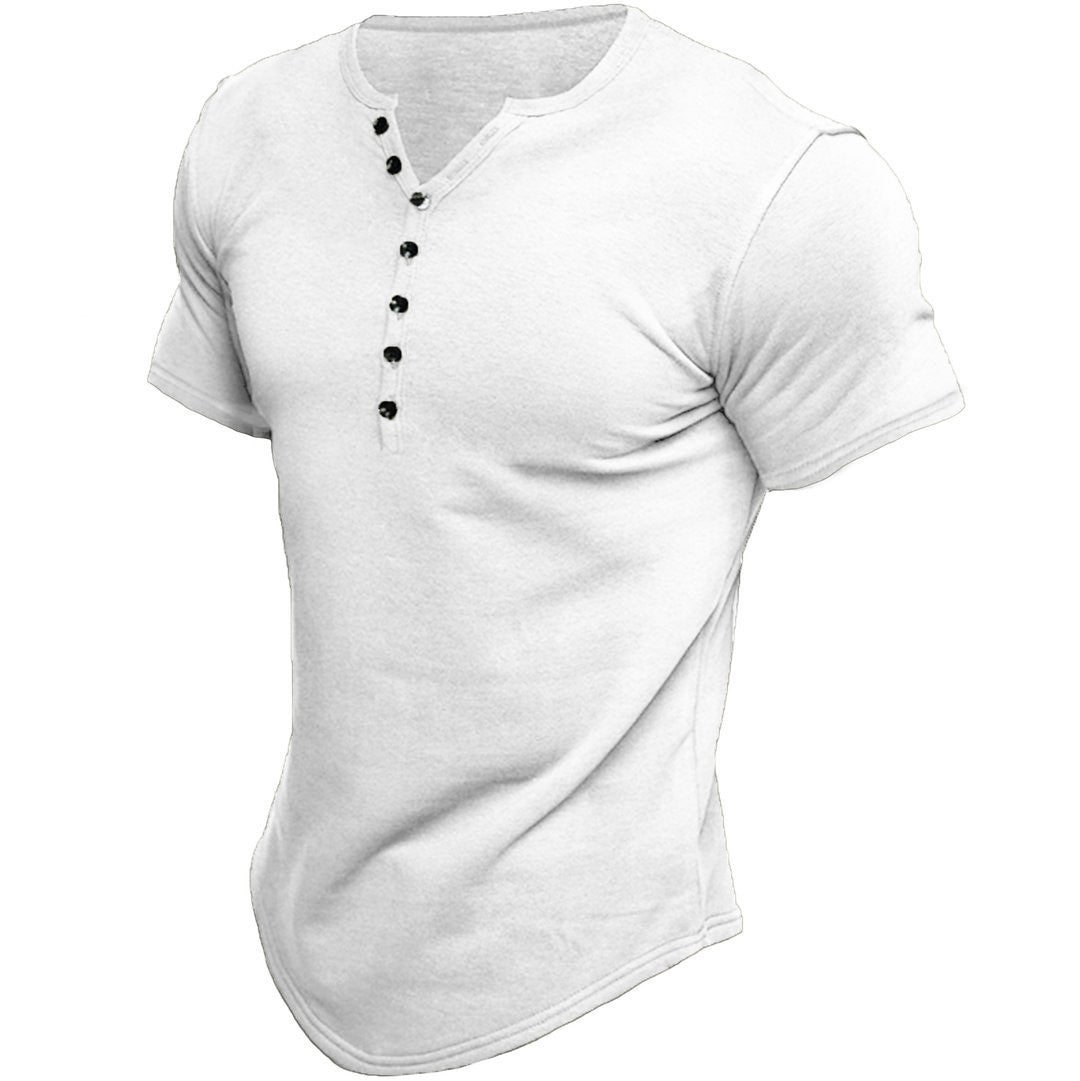 White men's henley short-sleeve T-shirt with button placket and crew neck