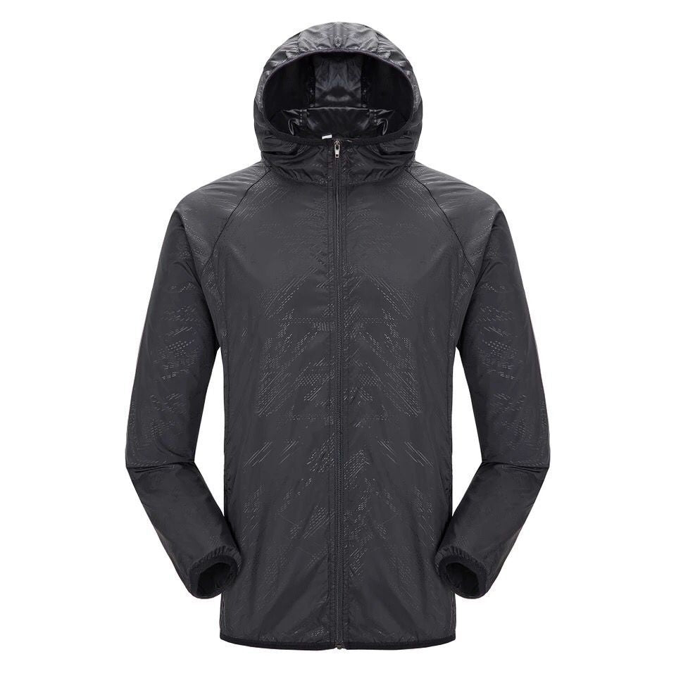 Unisex hooded sun protection jacket, black with full zip and elastic cuffs