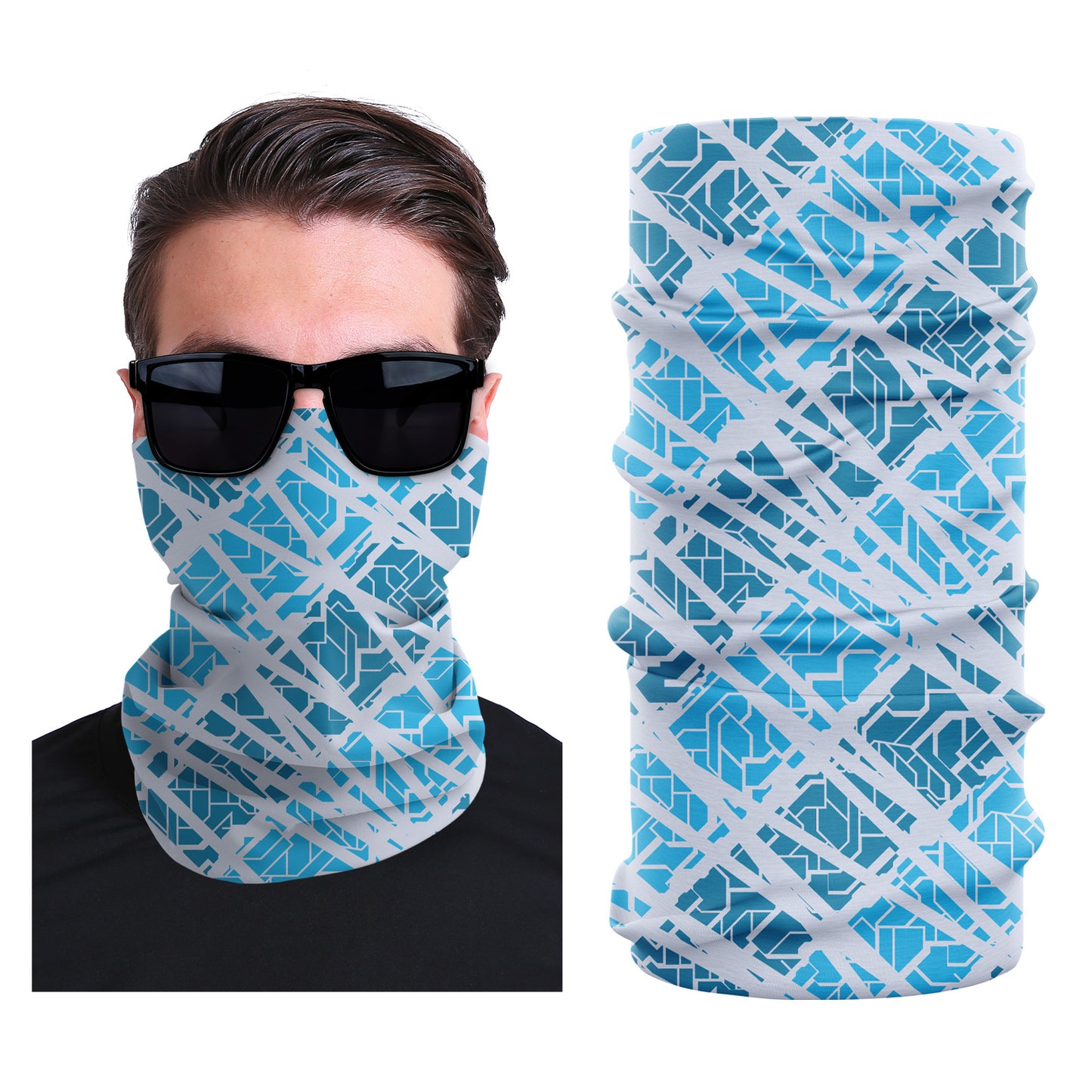 Seamless stretch face mask in light blue with white geometric line pattern