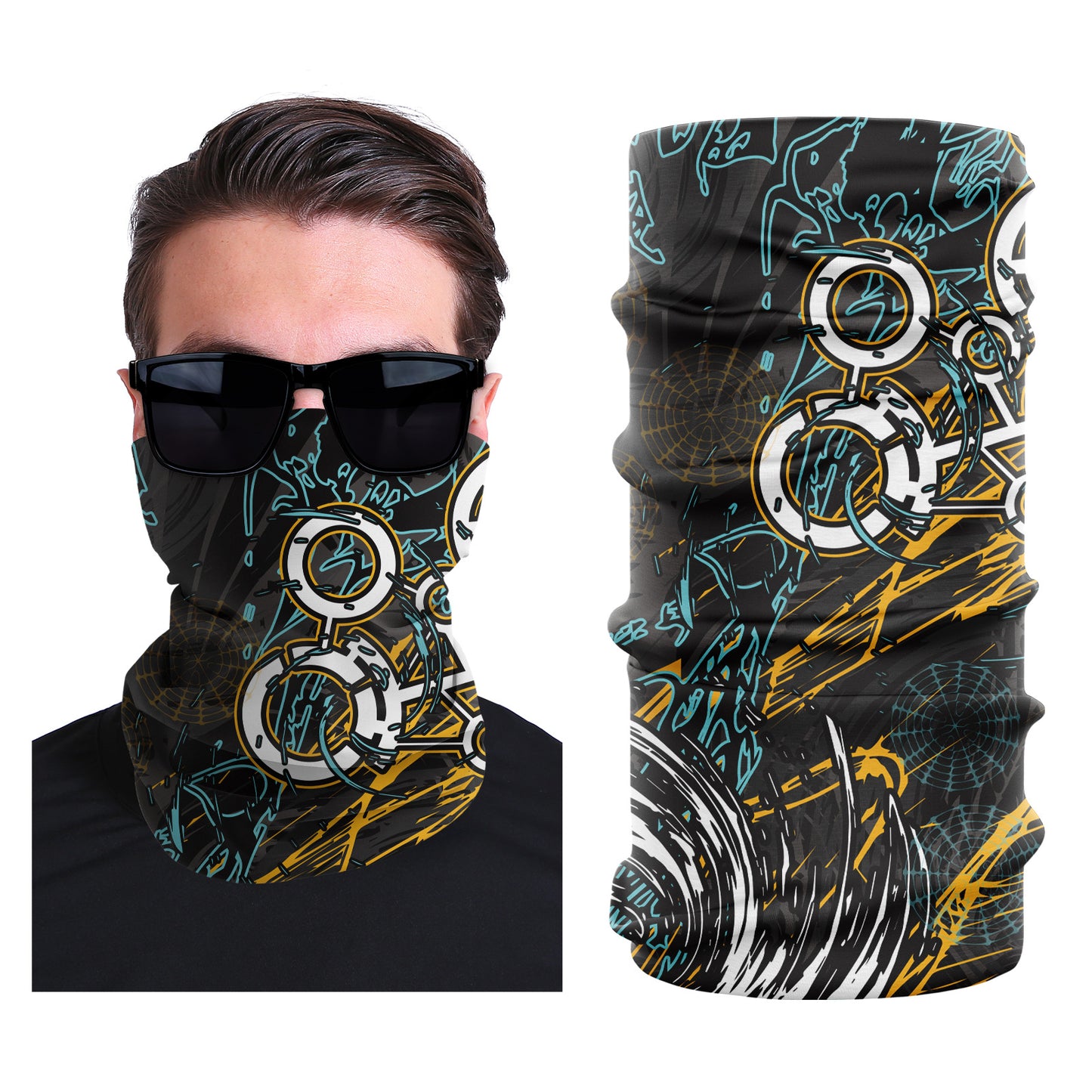 Seamless stretch face mask in dark fabric with teal and yellow graffiti design