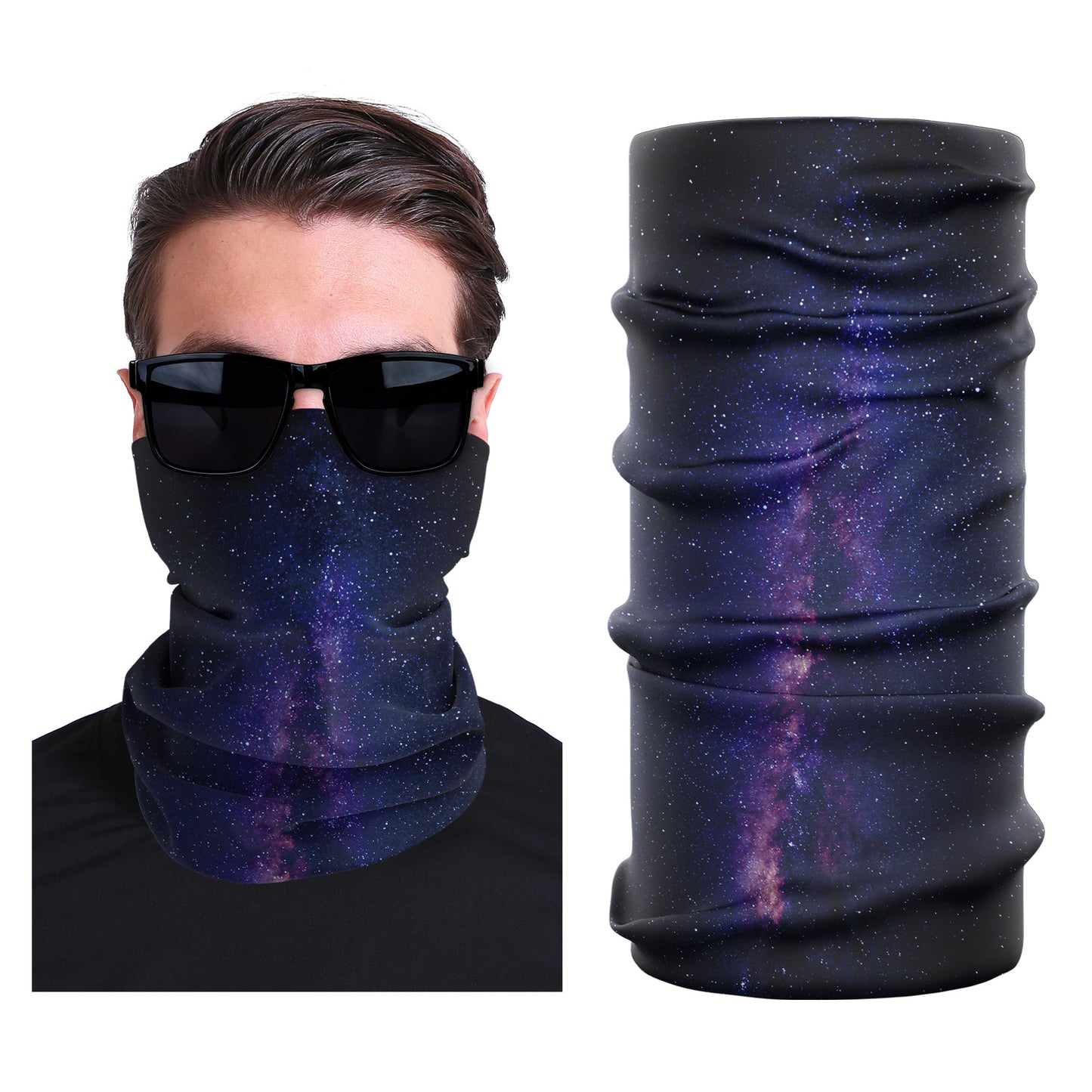 Seamless stretch face mask with dark galaxy print and purple star speckles