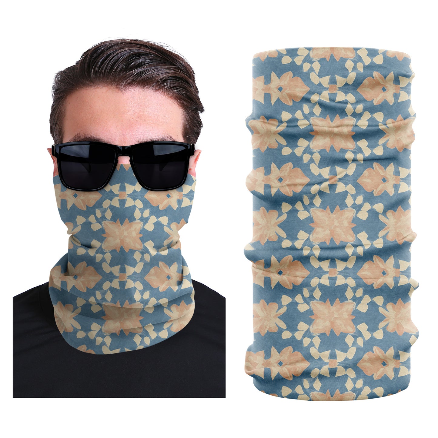 Seamless stretch face mask with blue base and tan floral print
