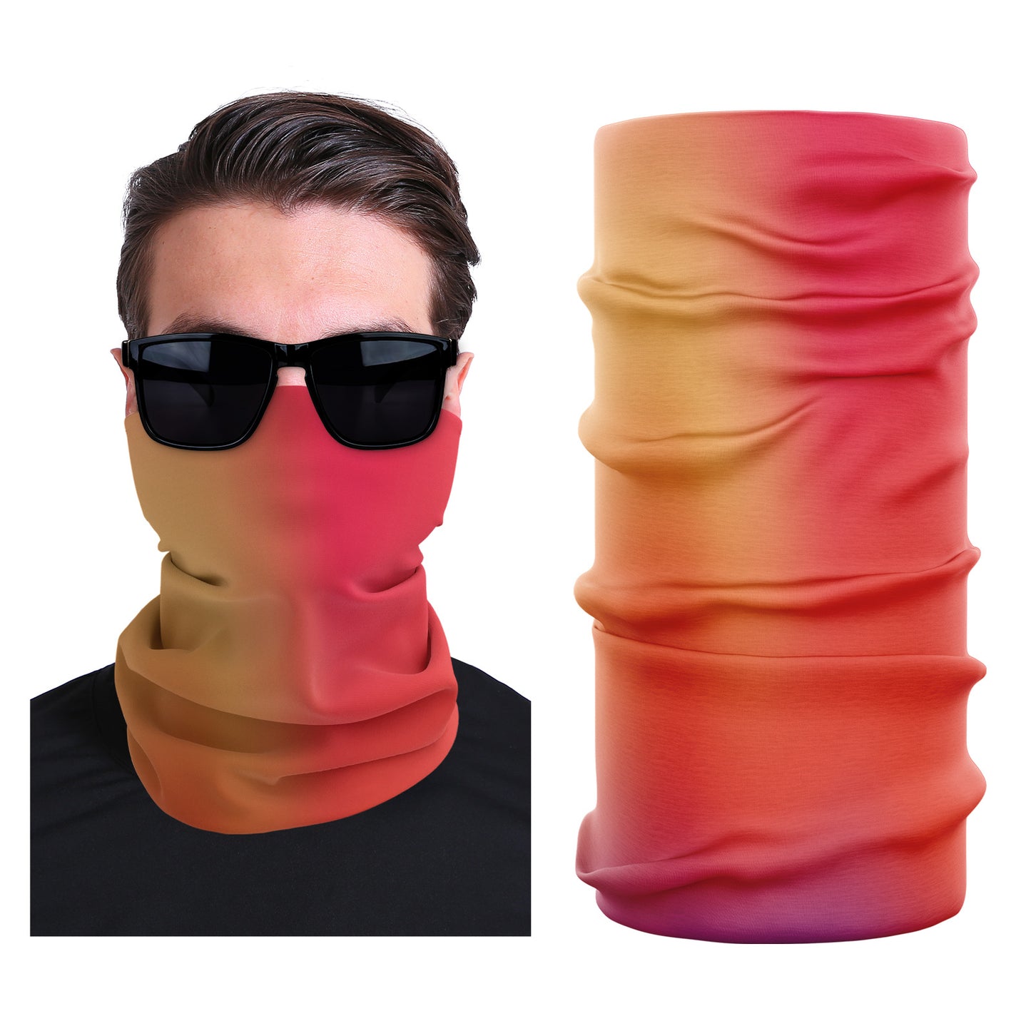 Seamless stretch face mask with red, orange, and pink color-gradient design