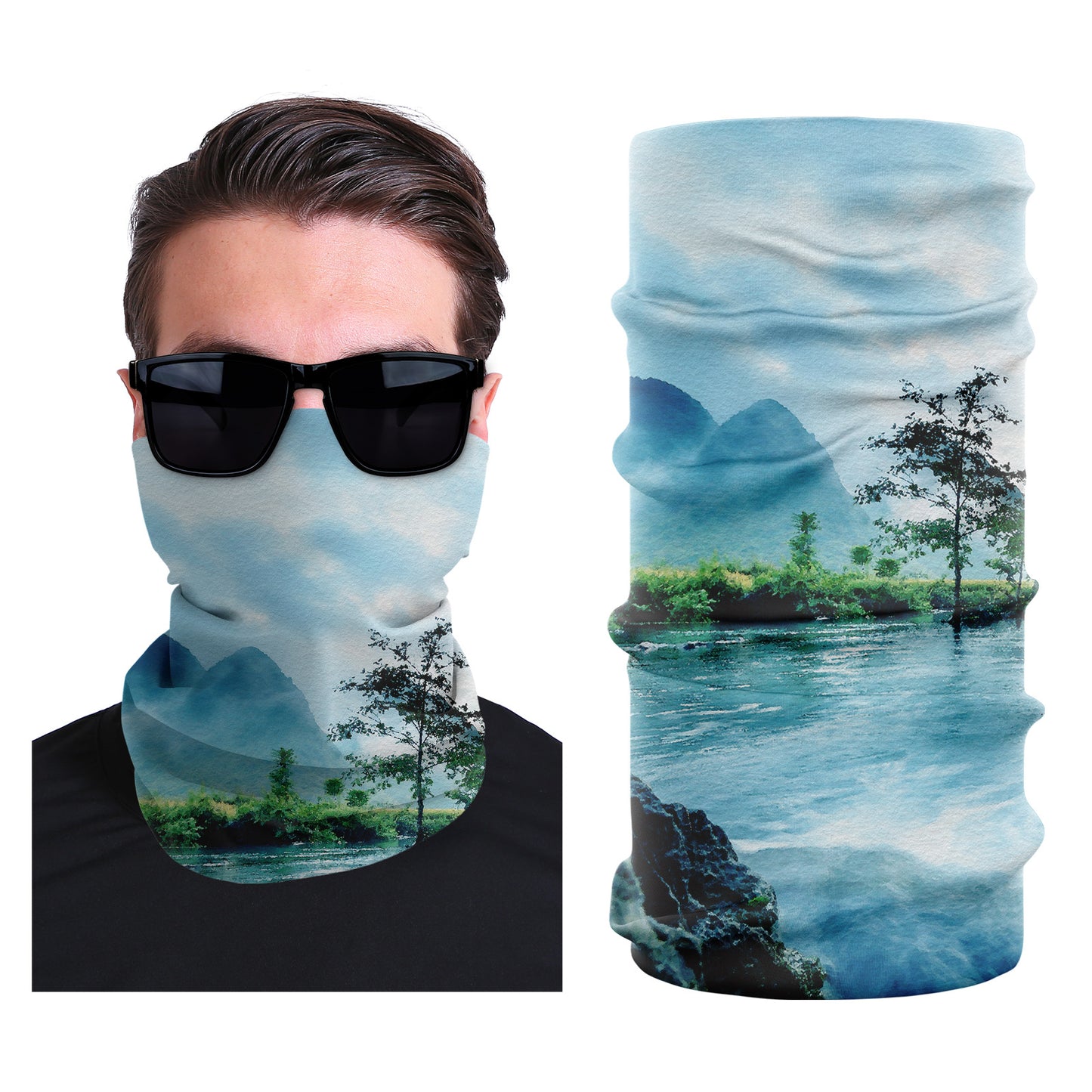 Seamless stretch face mask with light blue landscape and trees graphic