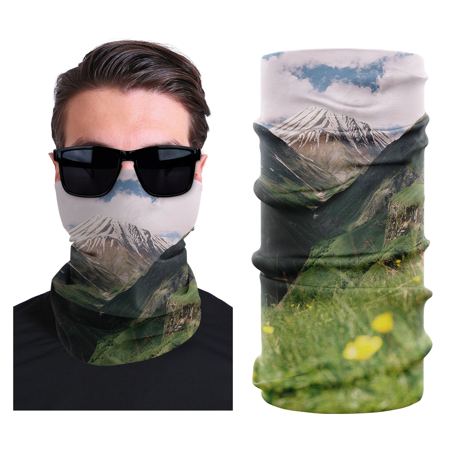 Seamless stretch face mask with mountain scenery and green meadow foreground