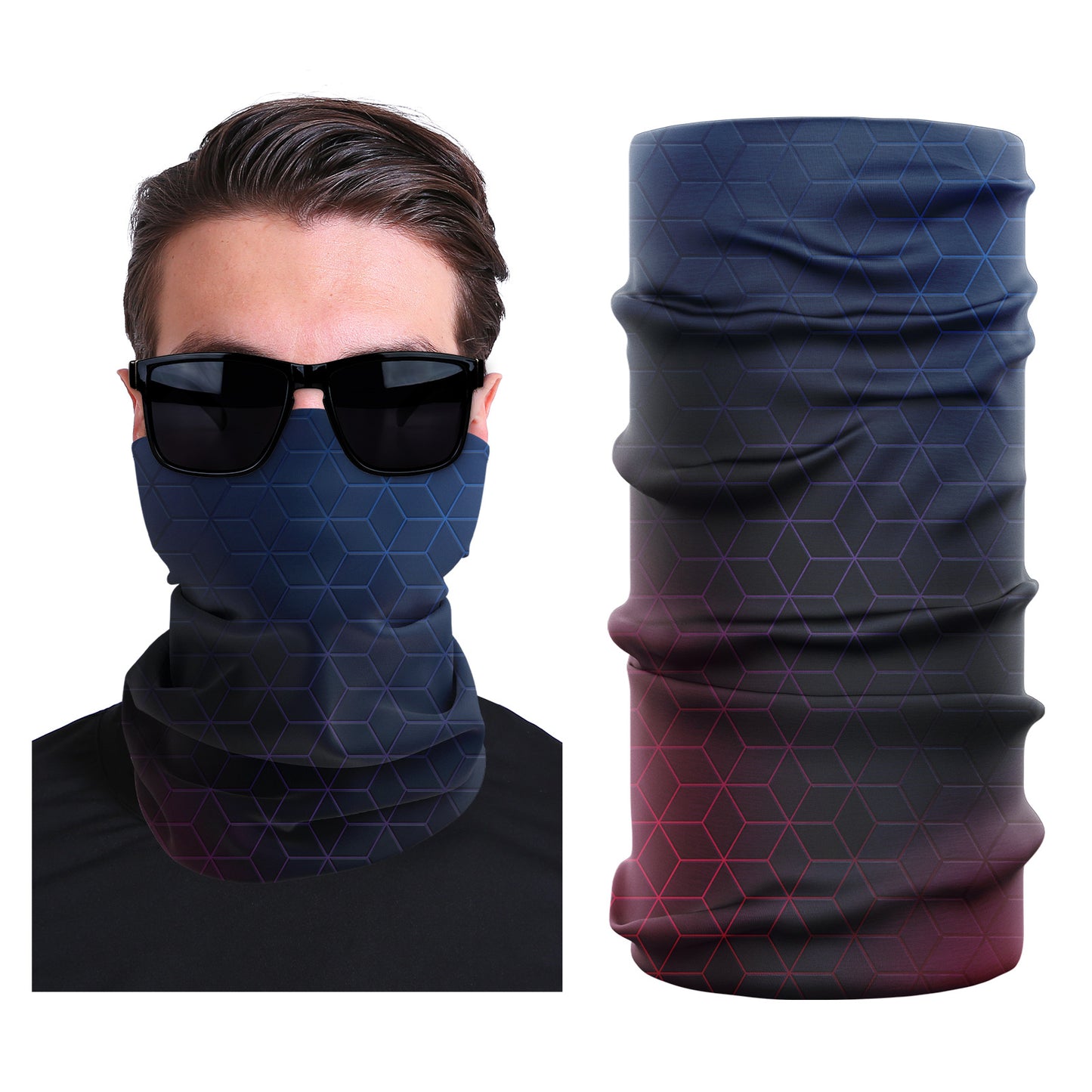 Seamless stretch face mask with navy blue hex pattern and red accents