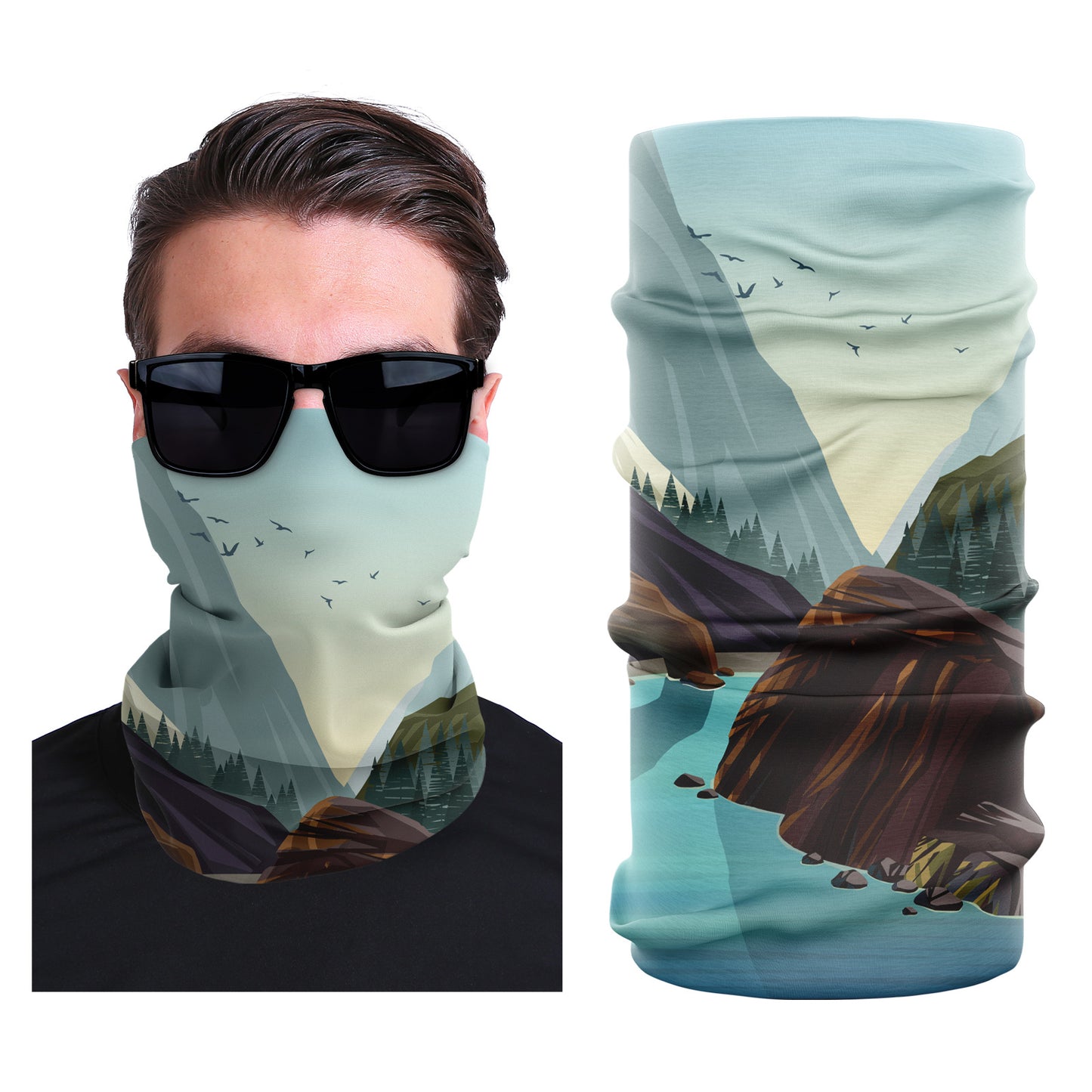 Seamless stretch face mask with pale blue mountain scene and birds over water