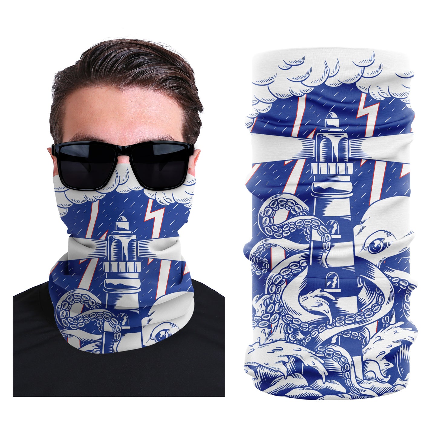 Seamless stretch face mask with blue and white graphic pattern, around-the-neck style